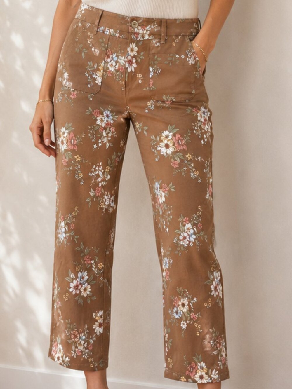 Haver & Blair Pants Wide Floral Size XL Tan Brown Crop Ankle